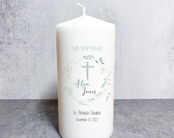 Personalized Baptism Pillar Candle Custom Greenery flowers Christening candle