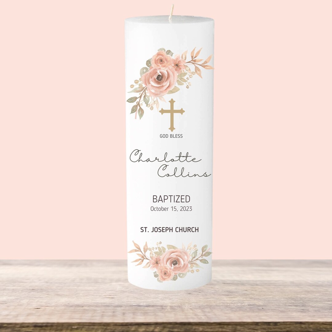 Delicate Peach Floral Personalized Baptism Candle With Baby's Name & Date Custom Peach Blossom