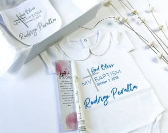 Personalized Baptism gift set, baptism gift box, custom onesie, personalized taper candle with bodysuit and bib, christening gift set