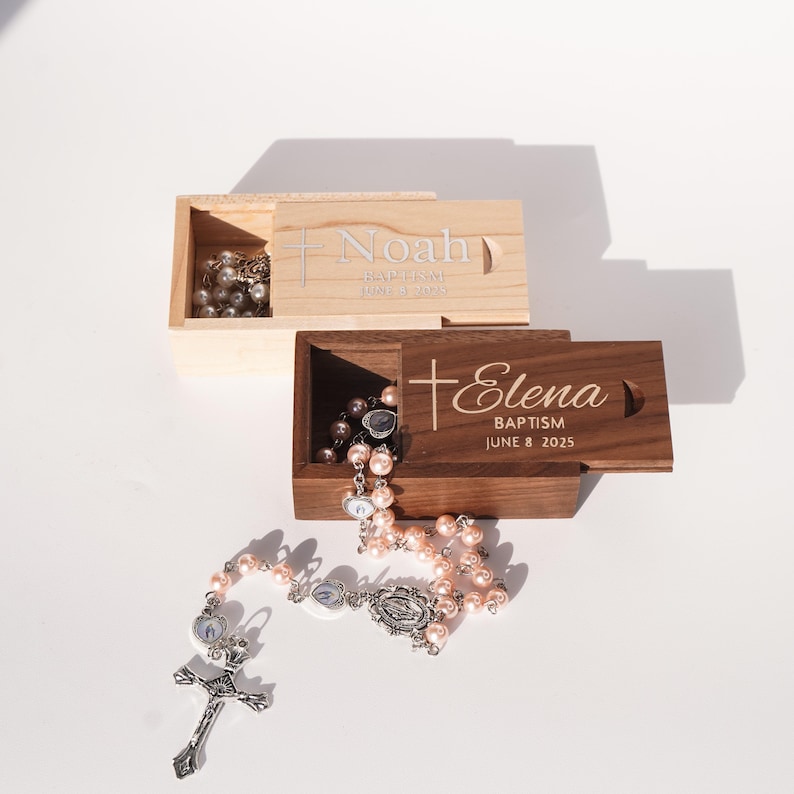 Personalized Rosary Box: Maple or Walnut Wood, Baptism or Communion ...