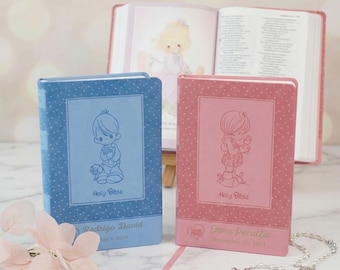 Personalized ICB Precious Moments Children's Bible Gift Keepsake Baptism Present Ceremony Holy Book Blue and Pink Soft Leather