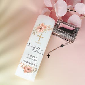 Delicate Peach Floral Personalized Baptism Candle with Baby&#39;s Name & Date Custom Peach Blossom Christening pillar Candle