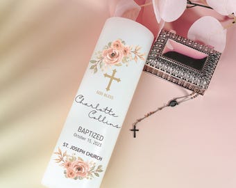 Delicate Peach Floral Personalized Baptism Candle with Baby&#39;s Name & Date Custom Peach Blossom Christening pillar Candle