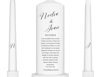Contemporary Minimalist Black and White Wedding Unity Candle Set Elegant Script Simple Monogram Candle Set, Corinthians Bible Verse