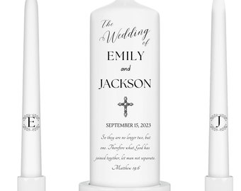 New Simple Personalized Wedding Candle  set Elegant Black and White Unity Candles Monogram Custom Wedding Candle Set with Bible Verse