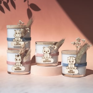 Personalisierte Babypartykerze Gefälligkeiten: Safari-Tier, getrocknete Blumen