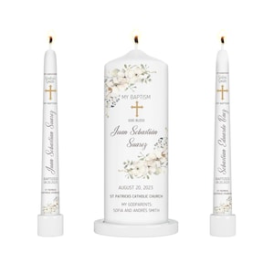 Personalized Baptism Candle Set with White Flowers | Baby Name, Date & Godparents