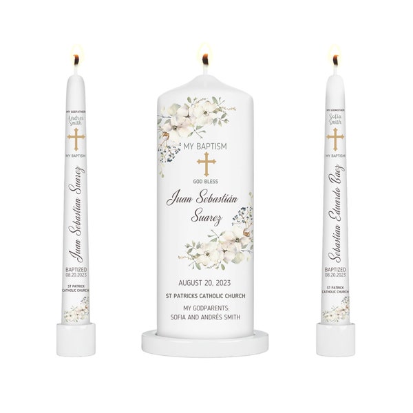 Personalized Baptism Candle Set with White Flowers | Baby Name, Date & Godparents