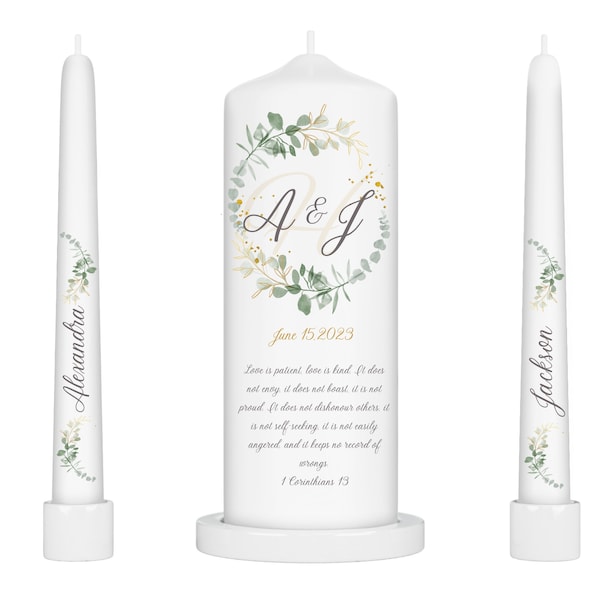 Customized unity ceremony candles for weddings Personalized wedding candle sets Elegant Garden style taper and pillar candles