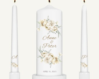 Ensemble de bougies de mariage fleurs blanches Unity, pièce maîtresse de table de mariage floral, bougie personnalisée élégante et simple, bougies de mariage initiales