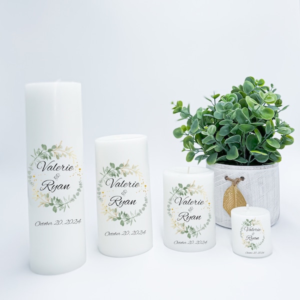 Guirlande de verdure élégante personnalisée, bougies de mariage, faveurs de bougie de jardin de mariage, pièce maîtresse de table de mariage avec les noms des mariés