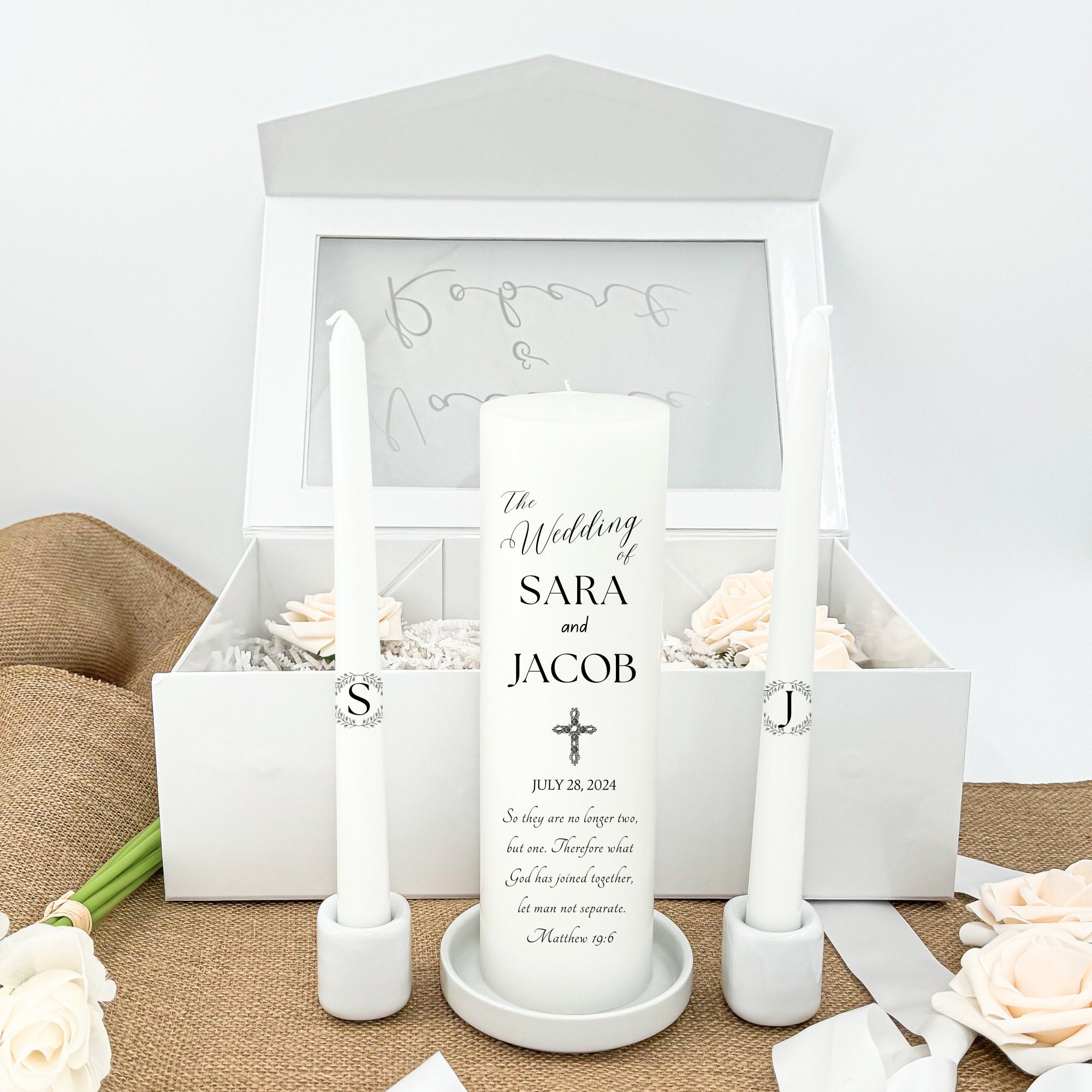 Unity - Set di candele per matrimonio, include portacandele in vetro, supporto per candele coniche bianche, biglietto decorativo da parete per matrimonio religioso, regalo di anniversario per coppie