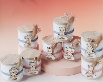 Spersonalizowane świece zapachowe z motywem zwierząt safari, prezenty na baby shower