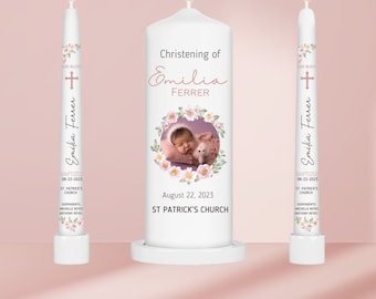 Geblümtes rosa blush Taufkerzen-Set mit individuellem Foto für Mädchen zur Taufe