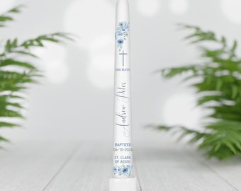 Personalized Boy Blue Floral Baptism Candle Baptism taper candle favors Christening custom candle