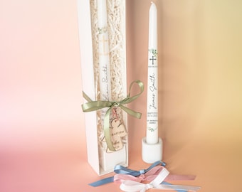 Personalisierte Taufe Kegelkerze Greenery Kranz Zeremonie Taufkerze Gefälligkeiten Kommunion Geschenk-Set