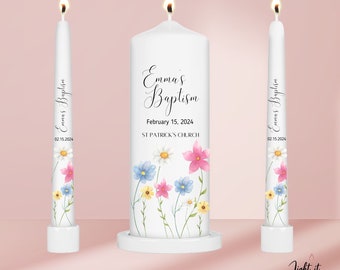 Baptism Girl Floral Pink Candle Wild flowers garden baptism set, Custom Christening candles gift favors