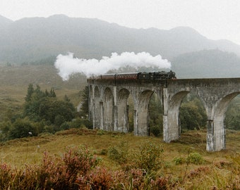 May include: A train with smoke billowing from its chimney travels across a stone bridge in a misty, green landscape.
