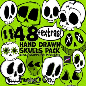 48 Hand Drawn Skulls Art + Extras! | Procreate Brush Stamp Pack | Funno Co. | Retro Cute Textures and Shapes