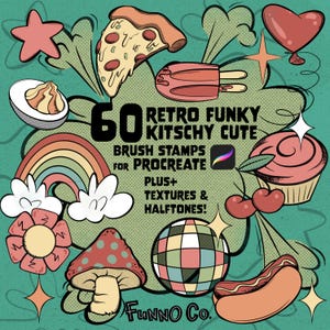 Può includere: Grafica di arte digitale con sfondo verde acqua con illustrazioni retrò di cibo, un arcobaleno e una palla da discoteca. Il testo recita "60 Retro Funky Kitschy Cute Brush Stamps for Procreate".