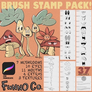 Peut inclure: Une illustration numérique de 37 pinceaux Procreate pour créer des personnages de dessins animés. L'illustration comprend 7 champignons, 10 yeux, 11 bouches, 6 éléments supplémentaires et 3 textures. Le texte "BRUSH STAMP PACK!" est en haut de l'image. Le texte "FUNNO CO." est en bas de l'image.