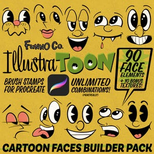 IllustraTOON Cartoon Faces Creator | Brush Stamp Pack for Procreate | 100+ Brushes | Bonus Halftones and Textures!