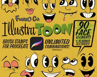 Cartoon Maker Procreate Brush Stamps: Eyes Mouths Faces Elements Free Halftones Textures 100+ (Digital)