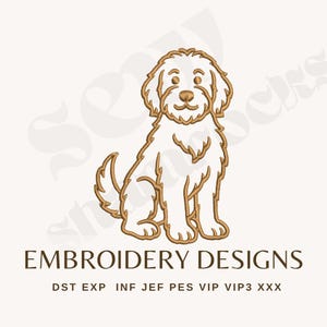 May include: An embroidery design featuring a seated dog with a fluffy coat, rendered in a detailed line art style. The dog is in shades of white and brown. The text "EMBROIDERY DESIGNS" is below the dog, along with file format abbreviations.