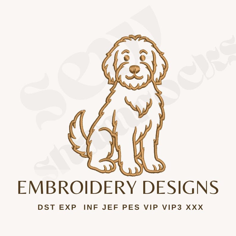 May include: An embroidery design featuring a seated dog with a fluffy coat, rendered in a detailed line art style. The dog is in shades of white and brown. The text "EMBROIDERY DESIGNS" is below the dog, along with file format abbreviations.