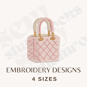 May include: A pink embroidered handbag design with a quilted pattern, featuring tan handles and gold-colored hardware. The text "EMBROIDERY DESIGNS" and "4 SIZES" are displayed below the handbag. This design is suitable for embroidery projects.