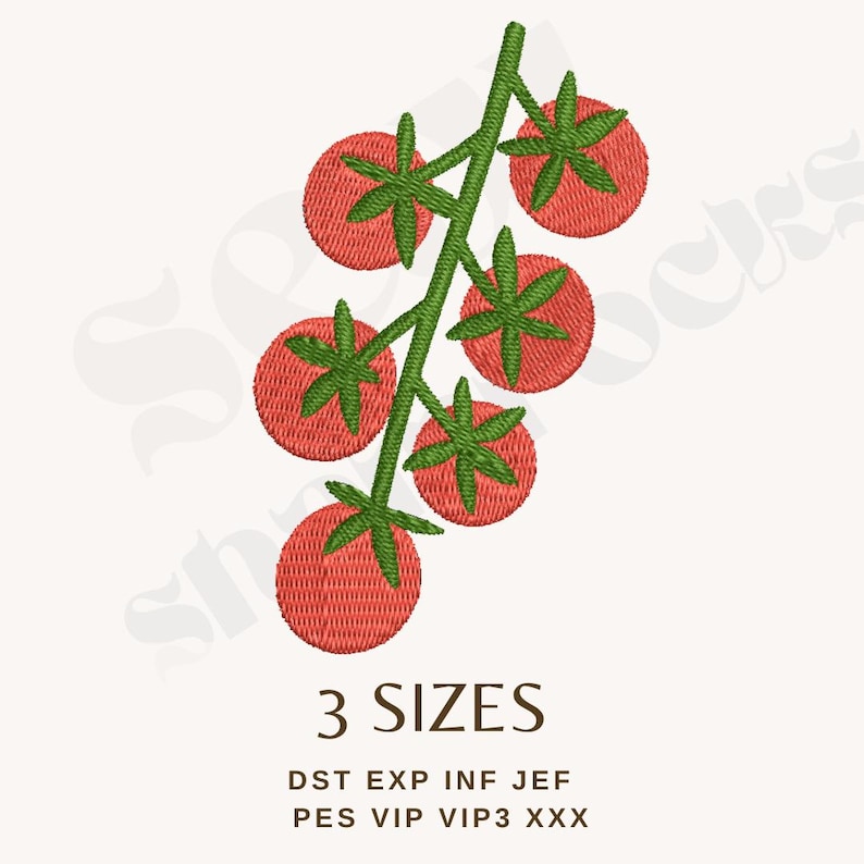 May include: An embroidered design of a tomato plant with six red tomatoes and green stems and leaves. The text "3 SIZES" is below the plant, along with file format abbreviations.