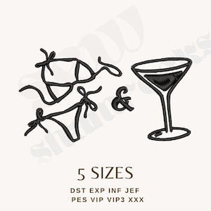 Pu&ograve; includere: Disegno a tratto nero di un bikini, una & e un bicchiere da martini. Il testo "5 TAGLIE" &egrave; sotto le immagini, insieme alle abbreviazioni dei tipi di file.