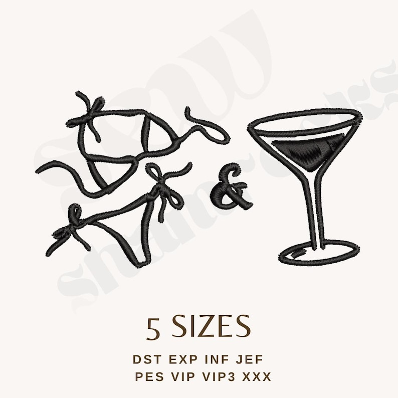 Pu&ograve; includere: Disegno a tratto nero di un bikini, una & e un bicchiere da martini. Il testo "5 TAGLIE" &egrave; sotto le immagini, insieme alle abbreviazioni dei tipi di file.