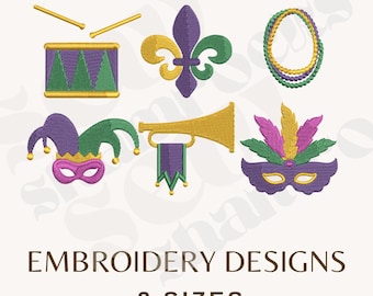 Borduurontwerp Mardi Gras-pictogrammen: trommel, kralen, fleur de lys, trompet, masker, Joker-masker, New Orleans (borduurbestand)