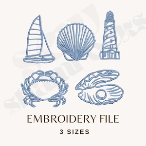 Op de afbeelding: Blauwe borduurontwerpen met nautische thema's, waaronder een zeilboot, zeeschelp, vuurtoren, krab en oester. De tekst "EMBROIDERY FILE" en "3 SIZES" zijn ook opgenomen.