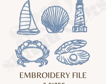 East Coast Summer Serie Stickdatei - Küstensommer - Instant Download, Muschelstickerei, Leuchtturmstickerei Muschel, Boot, Perle