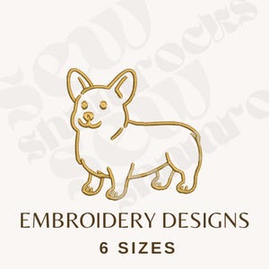 May include: A gold-colored embroidered outline of a Corgi dog on a white background. The text "EMBROIDERY DESIGNS" and "6 SIZES" are in brown font below the dog.