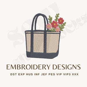 May include: An embroidered tote bag design with a beige body, navy blue trim, and handles. The bag is filled with red and pink flowers and green leaves. The text "EMBROIDERY DESIGNS" is below the bag.