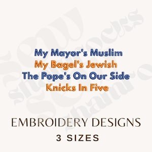 My Mayors Muslim My Bagels Joodse paus aan onze kant Knicks in Five - 1 kleur NY basketbalborduurbestand, NYC Sports machineborduurwerk