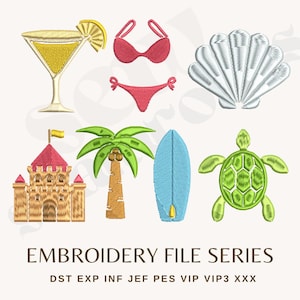 Colorful Summer Icons Embroidery File, Coastal Summer, Instant Download, 2 Sizes, PES DST EXP, Mini Embroidery, Shell Bikini Sandcastle etc