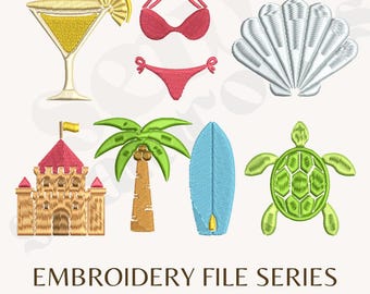 Colorful Summer Icons Embroidery File, Coastal Summer, Instant Download, 2 Sizes, PES DST EXP, Mini Embroidery, Shell Bikini Sandcastle etc