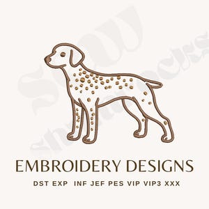 May include: An embroidery design of a Dalmatian dog, brown and white in colour, with brown spots. The dog is outlined in brown. The text "EMBROIDERY DESIGNS" is below the dog, along with file format abbreviations.
