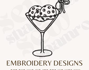 May include: Black and white line art embroidery design of a martini glass with three scoops of ice cream on top. The ice cream is decorated with dots. A small bow is on top of the ice cream.