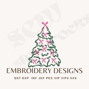 May include: An embroidery design featuring a Christmas tree shape with green outlines and pink bow accents. The words "EMBROIDERY DESIGNS" are below the tree. The design is on a white background.