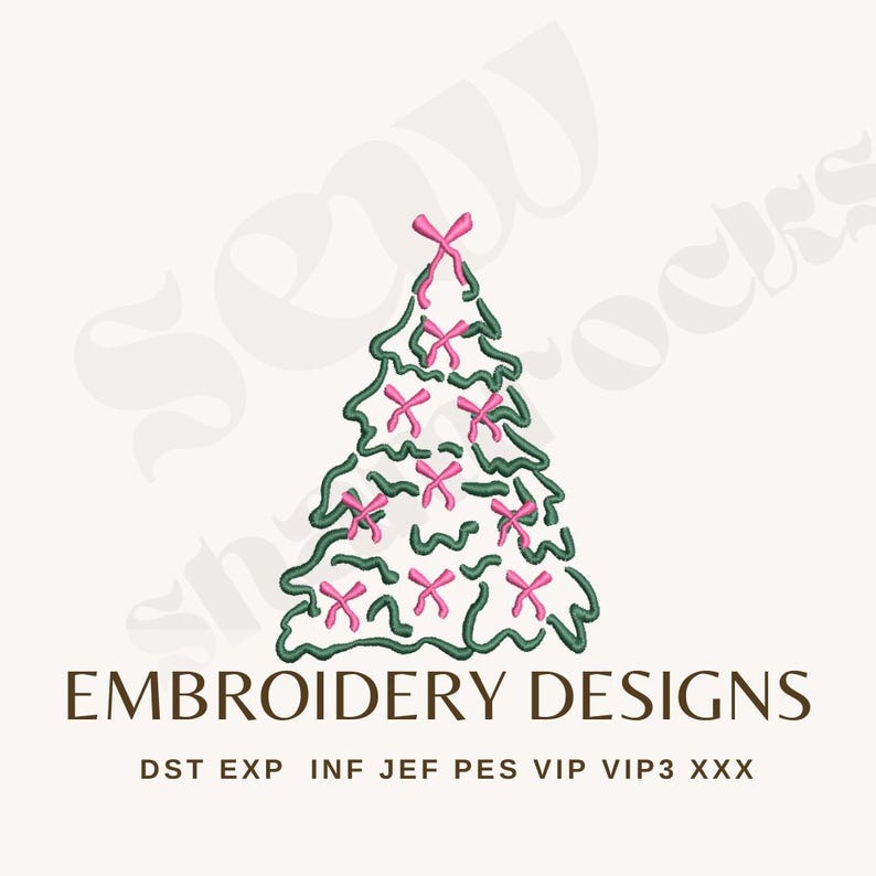 May include: An embroidery design featuring a Christmas tree shape with green outlines and pink bow accents. The words "EMBROIDERY DESIGNS" are below the tree. The design is on a white background.