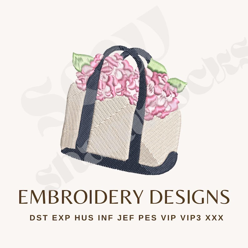 Pode incluir: Um design bordado com uma sacola cheia de hort&ecirc;nsias rosa e folhas verdes. A sacola tem al&ccedil;as e acabamentos em azul marinho. O texto "EMBROIDERY DESIGNS" est&aacute; abaixo, juntamente com abrevia&ccedil;&otilde;es de formatos de arquivo.