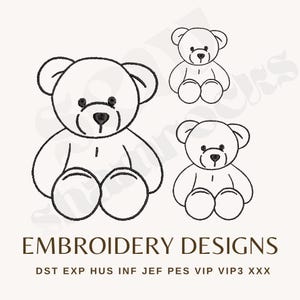 May include: Black and white line art of three teddy bears in different sizes. The bears have round bodies, small ears, and button noses. The text "EMBROIDERY DESIGNS" is below the bears, along with file type abbreviations.