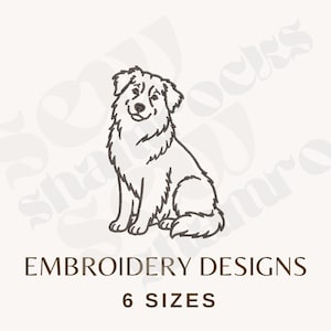 May include: A line drawing of a sitting dog with fluffy fur. The text "EMBROIDERY DESIGNS" and "6 SIZES" are below the dog illustration. The image is on a light beige background.