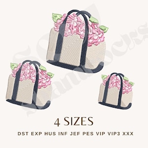 Pode incluir: Um design bordado com quatro sacolas de diferentes tamanhos. Cada sacola &eacute; bege com al&ccedil;as e acabamentos em azul marinho, preenchida com flores rosa e folhas verdes. O texto "4 SIZES" est&aacute; abaixo, junto com abrevia&ccedil;&otilde;es de tipos de arquivo.
