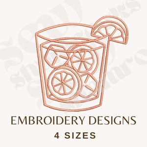 May include: An embroidery design of a cocktail with ice cubes and lemon slices. The design is in a copper color and includes the text "EMBROIDERY DESIGNS" and "4 SIZES".